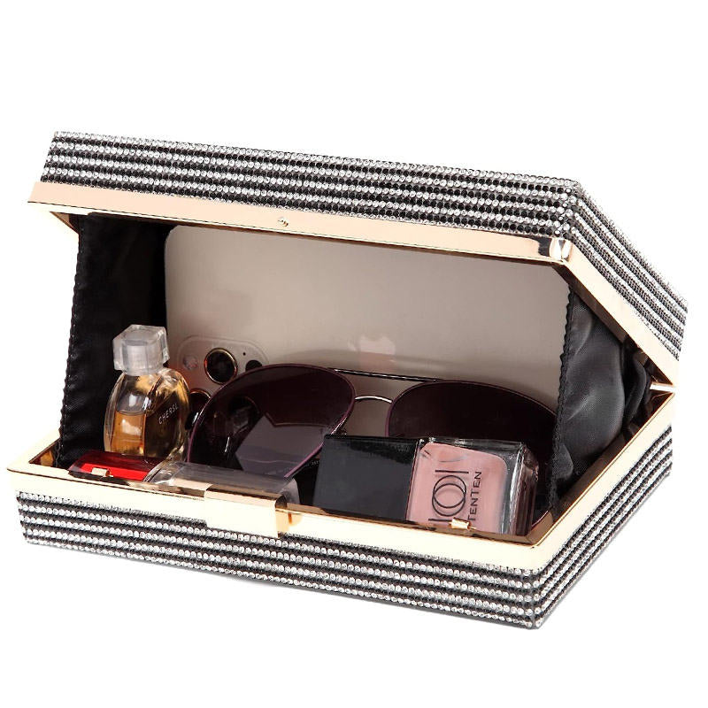 Women Retro Radio Shape Crossbody Bag Rhinestone Metal Vintage Clutch Purses-Black