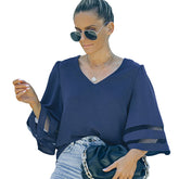 Womens V Neck 3/4 Sleeve Blouse Mesh Panel Shirt Solid Flowy Loose Top-Navy Blue