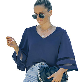 Womens V Neck 3/4 Sleeve Blouse Mesh Panel Shirt Solid Flowy Loose Top-Navy Blue