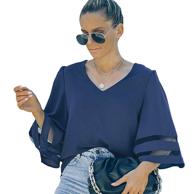 Womens V Neck 3/4 Sleeve Blouse Mesh Panel Shirt Solid Flowy Loose Top-Navy Blue