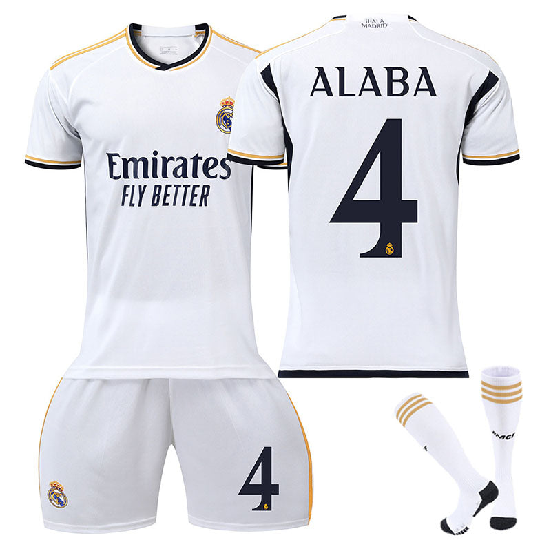 Real Madrid Home Jersey ALABA #4 Soccer Jersey Kids Adult 3Pcs Jersey Kits