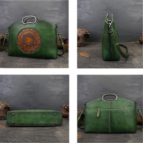 Leather Handbags for Women Vintage Embossing Totem Shoulder Bag-Green