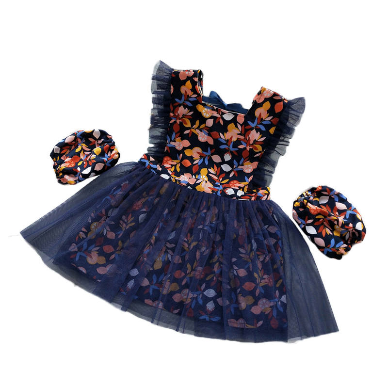 Girls Princess Dress Apron with Sleeves Covers for Cooking Painting-Navy Leaves