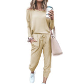 Women Loose Solid Color Long Sleeve Top Casual Drawstring Pants with Pockets-Apricot