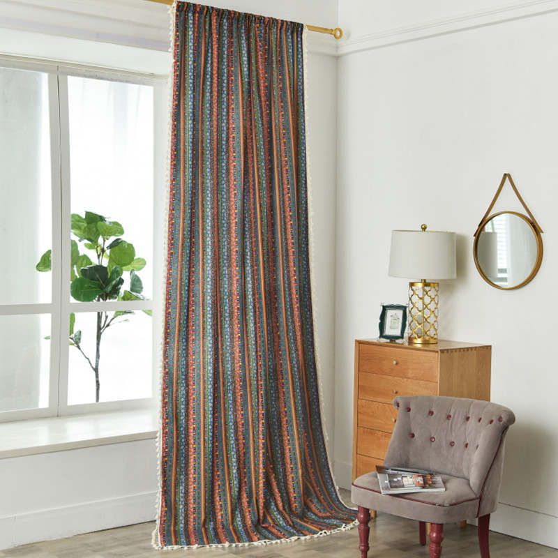 2 Panels Green Stripe Semi-Blackout Window Curtains with Tassels Rod Pocket Design