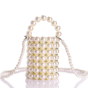 Beaded Handbag for Women White Pearl Decoration Evening Bags with Detachable Chain Inner Bag