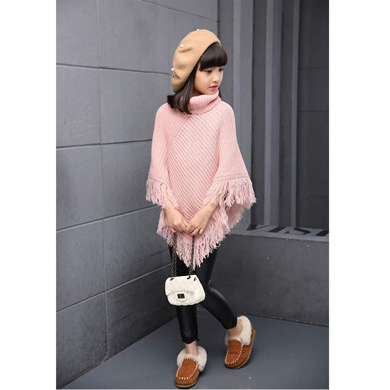 Girls Fall Loose Knitted Pullover Sweaters Poncho Tassel Turtleneck Cloak Cape-Pink