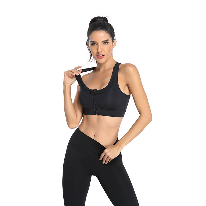 Sports Bra Front Zipper Wide Shoulder Straps Shockproof Yoga Vest -Black