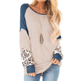 Womens Color-Blocking Pullover Raglan Long Sleeve Loose Shirt-Blue