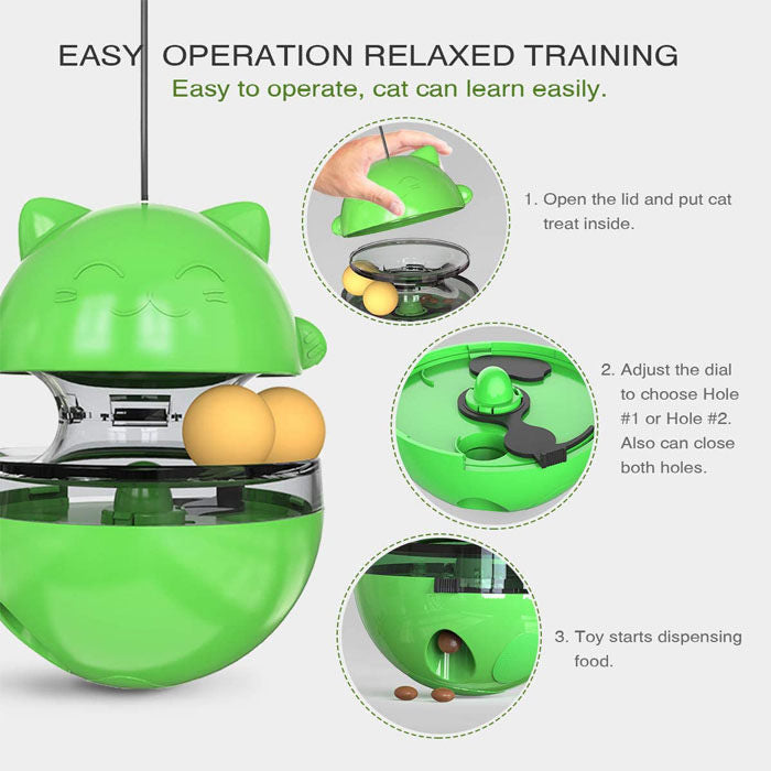 Tumbler Style Cat Food Dispenser Treat Toys with Dual Rolling Balls Detachable Wand-Green