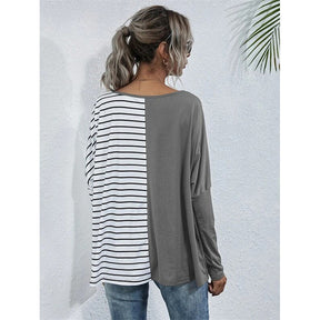 Womens Striped V-Neck Long Sleeve Tops-Grey