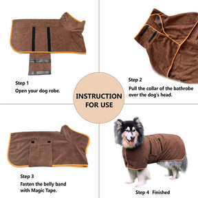 Dog Bathrobe Microfibre Fast Drying Towel Adjustable Collar Waist-Coffee