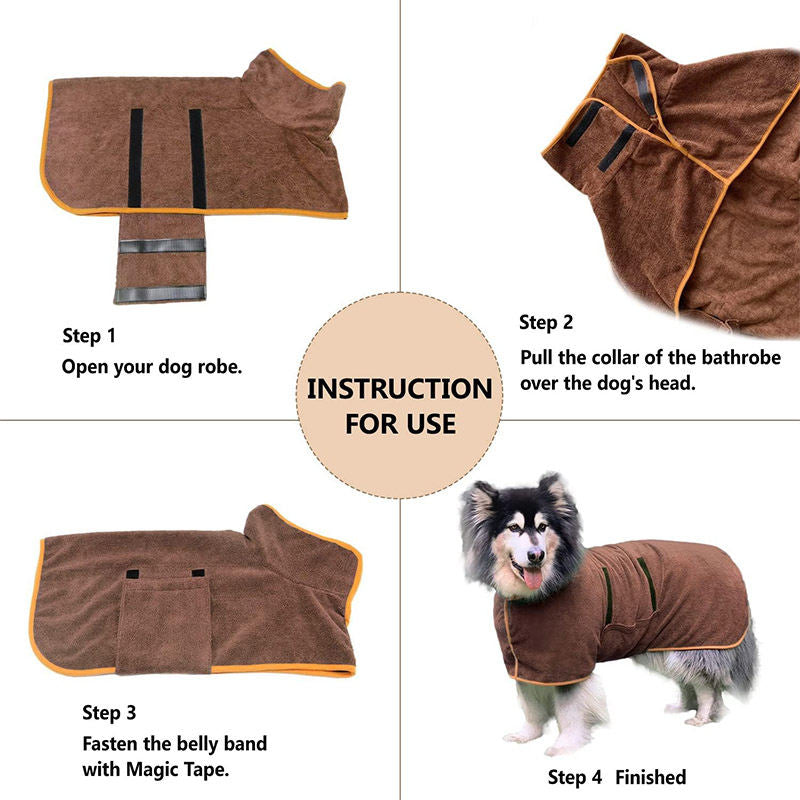 Dog Bathrobe Microfibre Fast Drying Towel Adjustable Collar Waist-Coffee