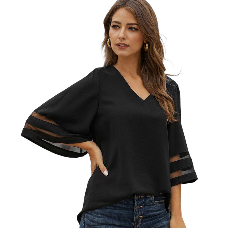 Womens V Neck 3/4 Sleeve Blouse Mesh Panel Shirt Solid Flowy Loose Top-Black
