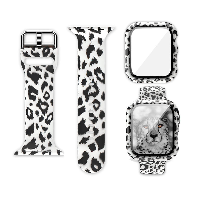 Silicone Printed Watch Band with Screen Protector Case for iWatch Series SE/6/5/4/3/2/1-WhiteLeopard