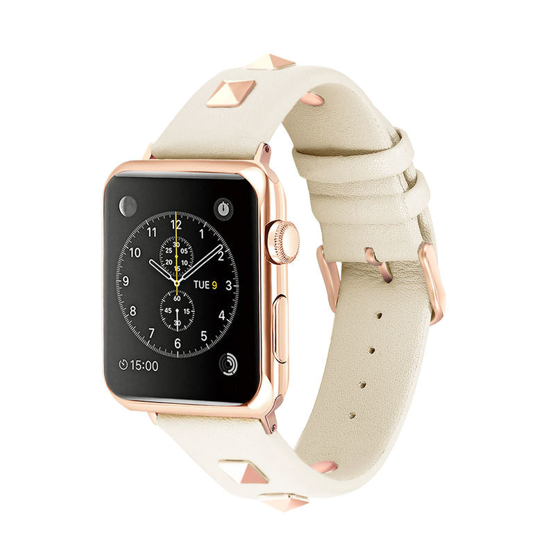 Stylish RoseGold Rivets Leather Replacement Band for iWatch Series 6/5/4/3/2/1/SE-White