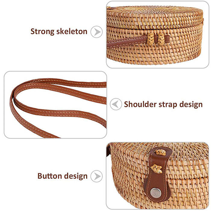 Handwoven Round Rattan Natural Chic Bag Shoulder Leather Straps Summer Beach-Blue Flower
