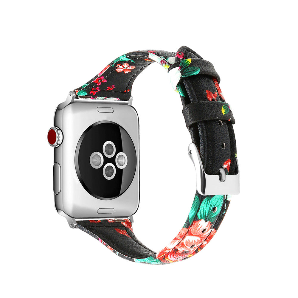 Slim Flower Printed Leather Watch Band For Apple Watch SE/6/5/4/3/2/1(Red Flower)