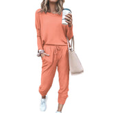 Women Loose Solid Color Long Sleeve Top Casual Drawstring Pants with Pockets-WatermelonRed