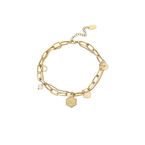 Gold Initial Bracelets for Women Letters Hexagon Pendant Chain-A