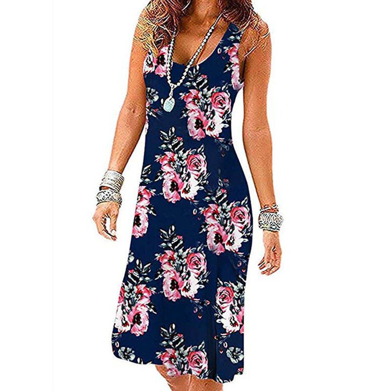 Summer Beach Tank Dresses Sleeveless Tunic Long Dress-PrintNavyBlue