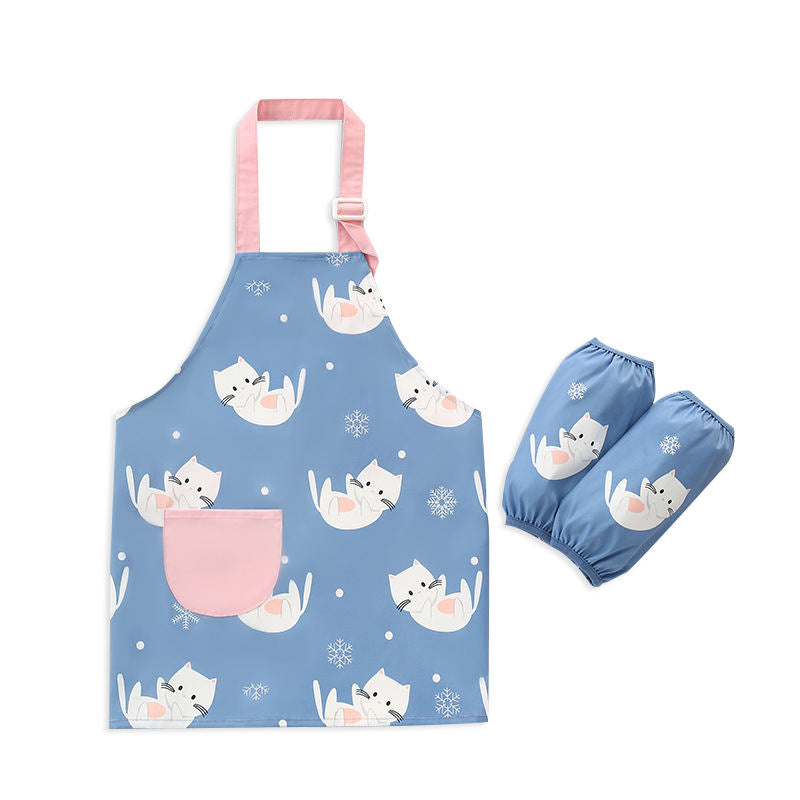 Kids Waterproof Art Apron for Painting Cooking Feeding with Matchin Sleeves-Cat