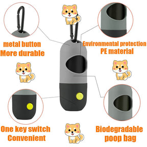 Dog Poop Waste Bag Holder Dispenser with LED Flashlight and 8 Rolls Leak-Proof Waste Bags-GrayBlack