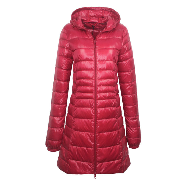 Womens Lightweight Puffer Jacket Hooded Winter Mid Length Coat-BigRed