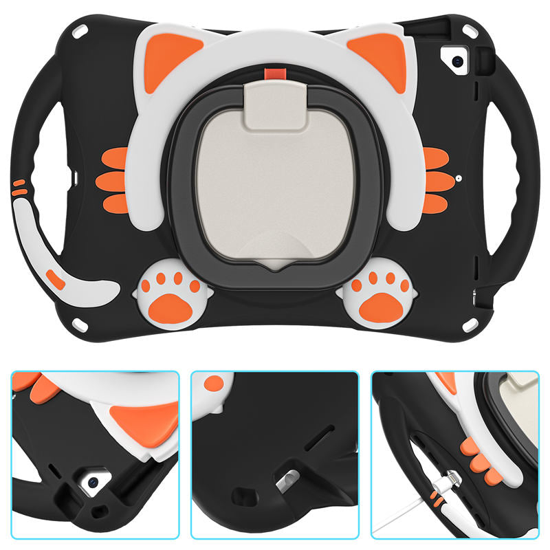CatB Silicone Case For iPad 10.2 Air10.5 Pro10.5 Shockproof Shoulder Strap Handle Stand-Black Orange