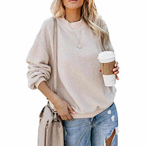 Womens Plush Sweater Casual Round Neck Sweatshirt Pullover-OffWhite