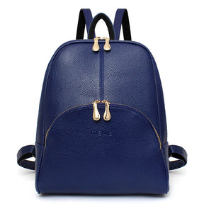 Womens Soild Backpack PU Leather Zipper Casual Travel Bags-DarkBlue