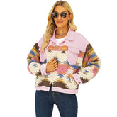 Denim Jacket for Women Aztec Print Contrast Color Cropped Coat-Pink