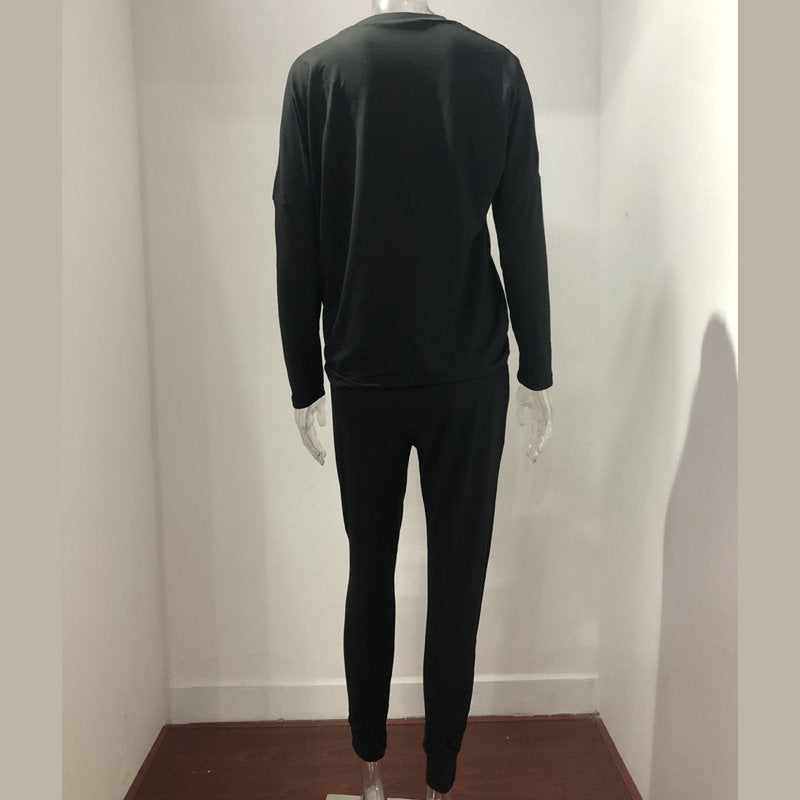 Women Loose Solid Color Long Sleeve Top Casual Drawstring Pants with Pockets-Black