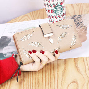 Womens Long Leaf Bifold Wallet Leather Zipper Buckle Elegant Clutch-Khaki