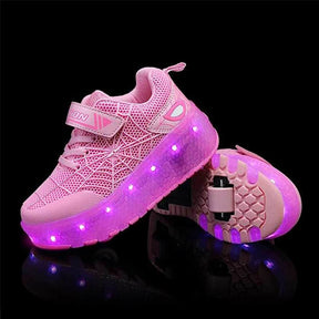 Double Wheel Roller Skate Shoes Light Up Sneakers for Boys Girls-Pink