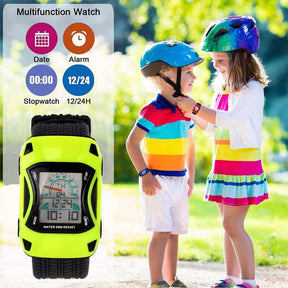 Kids Waterproof Sports Watches Digital LED Car Shape Watches-Green