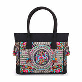 Embroidered Canvas Top Handle Handbag Ladies Casual Vintage Shoulder Bag-A