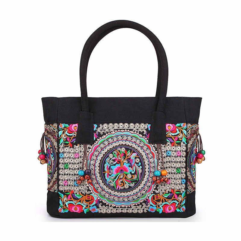 Embroidered Canvas Top Handle Handbag Ladies Casual Vintage Shoulder Bag-A
