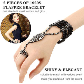 2Pcs Pearl Crystal Bracelet Ring All-in-one Chain for Women-Black