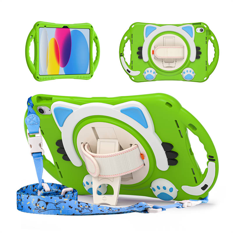 Cat Tablet Case For iPad 10th Rugged with Shoulder Strap-Green