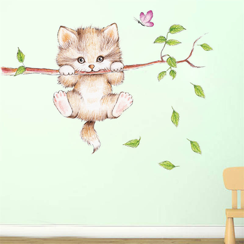 Cartoon Cat On The Tree Branches Wall Stickers Removable Kitty Wall Art Decoration