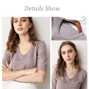 Womens V Neck Sweaters Soft Tops Knit Casual Solid Pullover-Camel