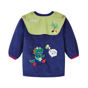 Cartoon Kids Corduroy Smock Detachable Bib for Drawing Cooking-Navy Blue Dinosaur