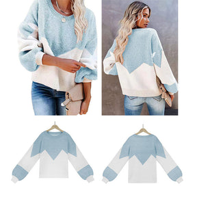 Womens Color Block Loose Knit Pullover Sweater Lantern Sleeve-Sky Blue