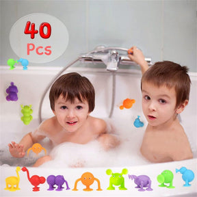 40 Pcs Kids Bath Toys Silicone Animal Sucker with Dinosaur Eggshell Storage