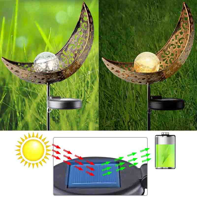 2 Pack Garden Metal Moon Weatherproof  Solar LED Decorative Lamp with Warm White Spherical Lamp Post Suitable for Lawn Courtyard Courtyard