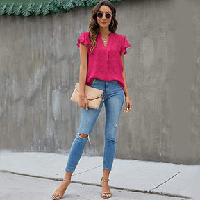 Womens Ruffle Shirts V Neck Short Sleeve Pom Chiffon Blouses Tops-Rose Red