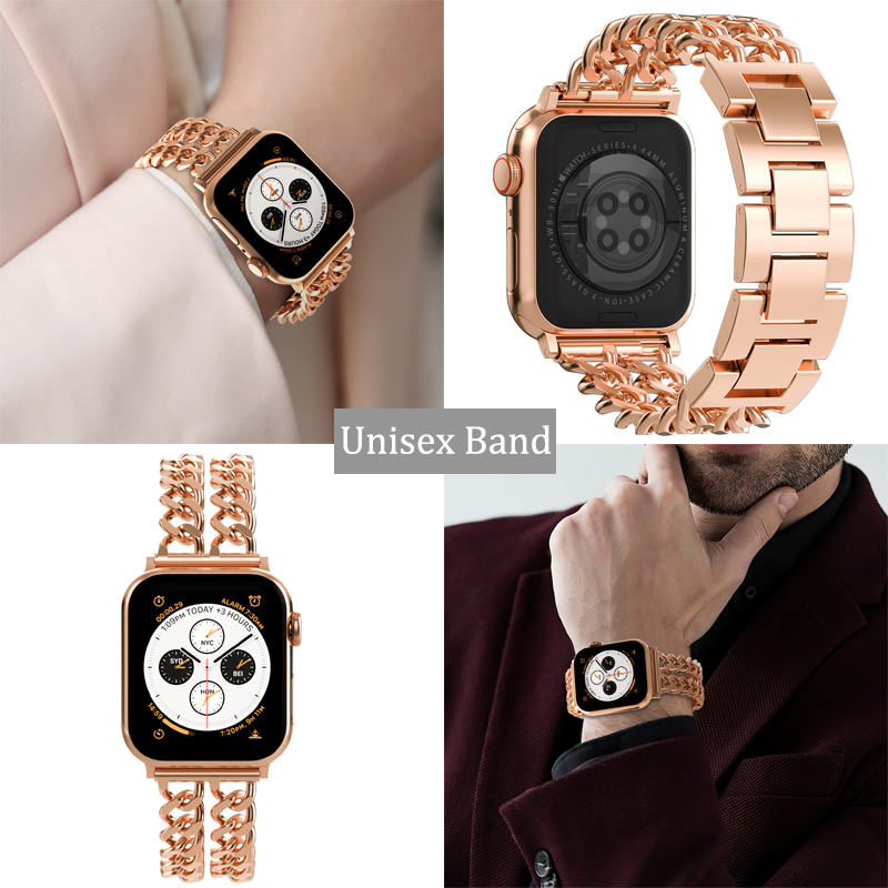 Metal Watch Band Double Chain Alloy Trendy Design for Apple Watch-Rose Gold