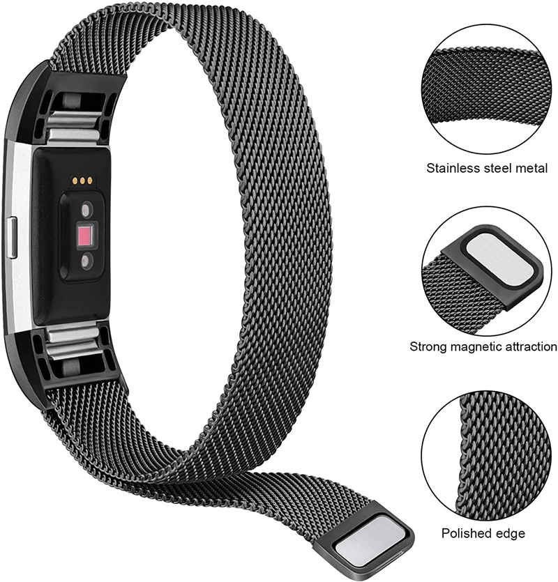 Stainless Steel Magnetic Strap For Fitbit Charge 2 Replacement Bracelets Milanese-Black