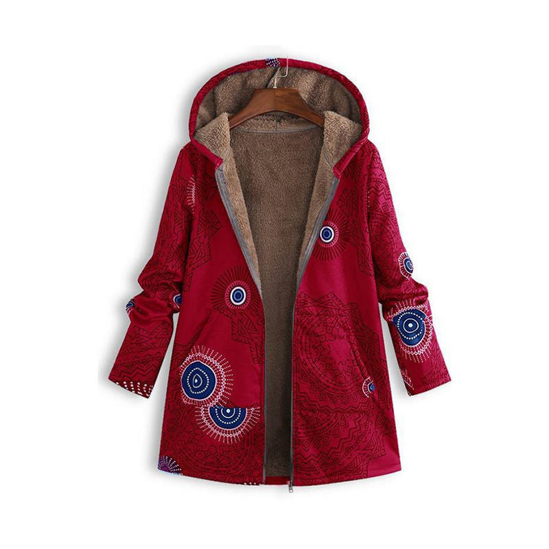 Womens Winter Printed Fleece Jacket Casual Sherpa Lined Fuzzy Jacket-CircleRed